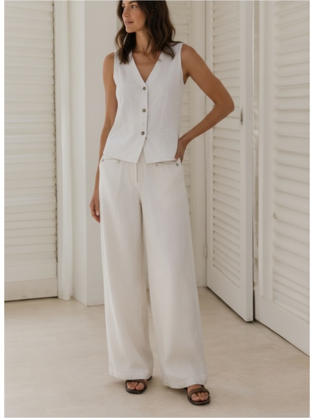 Eileen Fisher Ivory Linen Blend Wide Leg Pant Full Length Trousers Sz M
